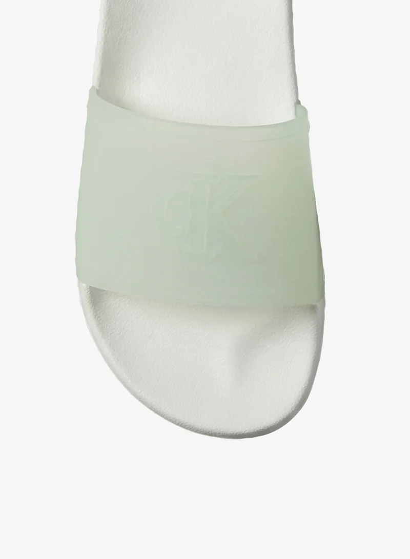 Calvin Klein Misty Blue Embossed Monogam Sliders for Women | Best Price UAE